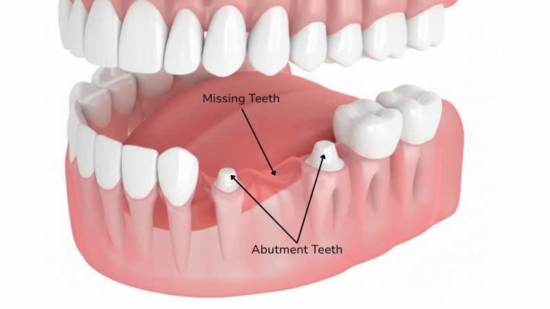 Illustration of two abutment teeth prepared for a dental bridge, with arrows indicating the location of the missing teeth.
