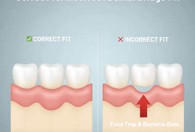 Diagram comparing a correct dental bridge fit versus an incorrect fit, which shows a gap creating a 'Food Trap & Bacteria Zone' underneath the bridge.
