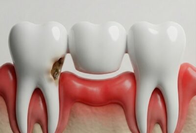 3D illustration showing dental bridge infection symptoms, specifically recurrent decay on the abutment tooth and inflamed, red gum tissue beneath the pontic.