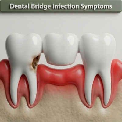 3D illustration showing dental bridge infection symptoms, specifically recurrent decay on the abutment tooth and inflamed, red gum tissue beneath the pontic.
