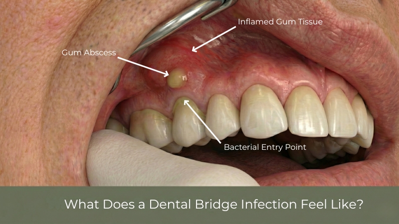 Gum abscess with visible pus forming on inflamed gum tissue above a dental bridge, highlighting the bacterial entry point at the gumline as a sign of infection.