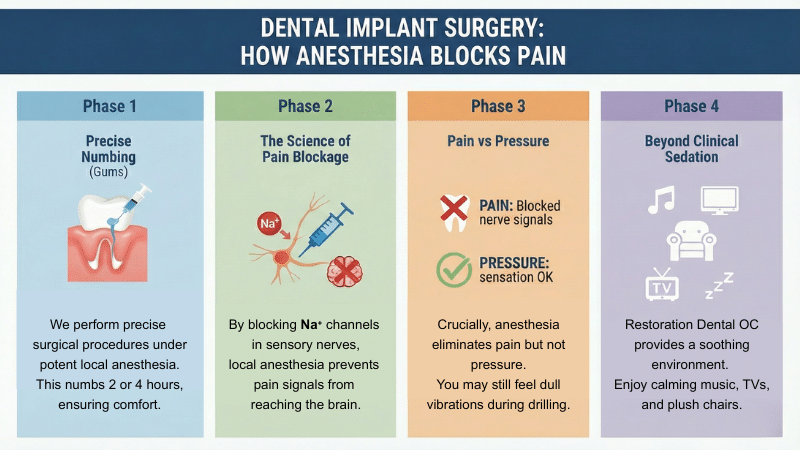 Infographic illustrating the dental implant surgery process and how local anesthesia blocks sodium channels to ensure a pain-free experience at Restoration Dental OC