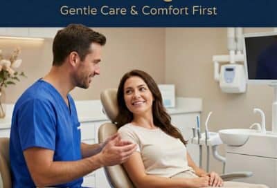 Dr. Ronald Pham consulting a smiling patient at Restoration Dental OC in Orange, CA, under the headline 'Do dental bridges hurt? Gentle Care & Comfort First