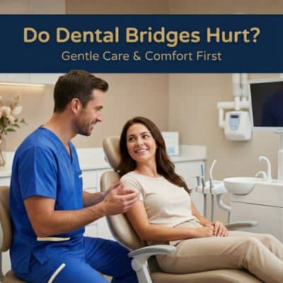 Dr. Ronald Pham consulting a smiling patient at Restoration Dental OC in Orange, CA, under the headline 'Do dental bridges hurt? Gentle Care & Comfort First
