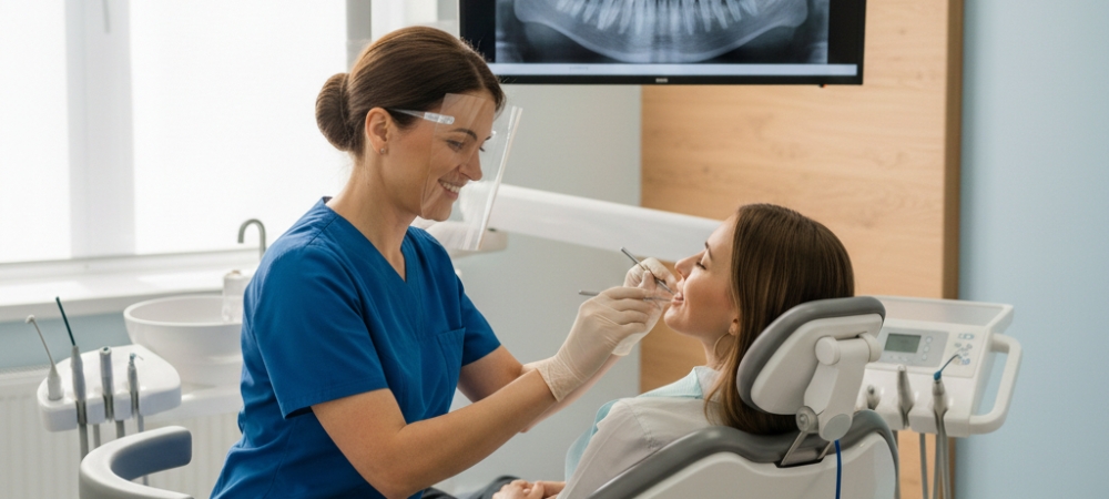 Dentist reviewing low-radiation digital X-rays on a monitor during a comprehensive dental exam to ensure precise diagnosis.