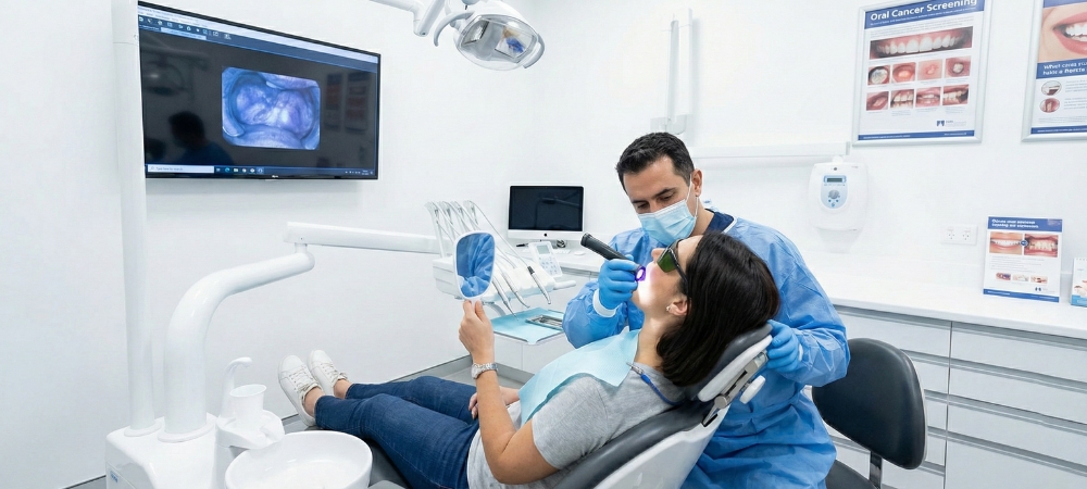 Dentist using advanced light technology to meticulously inspect patient soft tissues for early signs of abnormalities during an oral cancer screening.