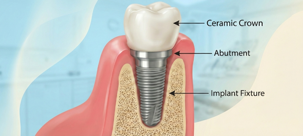 A diagram illustrating the components of a permanent dental implant restoration, showing the biocompatible titanium implant fixture surgically placed within the jawbone, supporting an abutment and a ceramic crown.