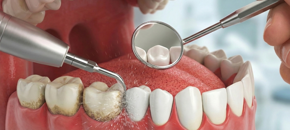 Close-up of gentle professional teeth cleaning (prophylaxis) removing stubborn plaque and tartar buildup to prevent periodontal disease.