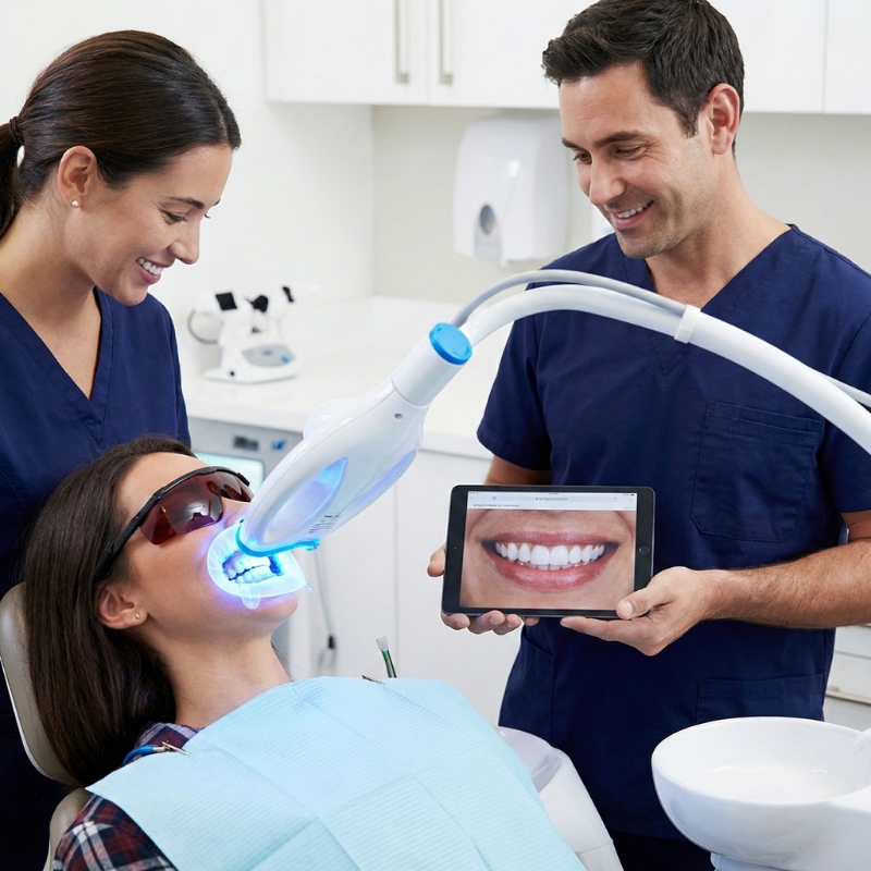 cosmetic-dentistry-digital-smile-design Cosmetic dentist in Orange CA showing a digital smile design preview on a tablet to a patient to visualize potential smile makeover results.