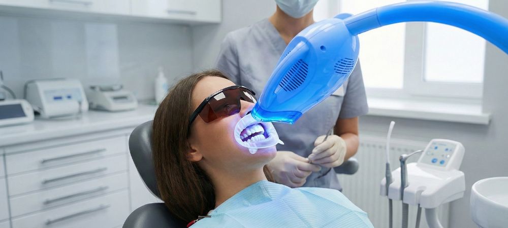 Patient undergoing professional teeth whitening in Orange CA using medical-grade agents to safely brighten enamel by 5 to 8 shades in a single visit.