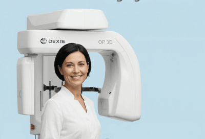 A relaxed and smiling dental patient standing next to a DEXIS OP 3D scanner at Restoration Dental, illustrating safe and comfortable flapless dental implants using 3D CBCT imaging technology in Orange County.