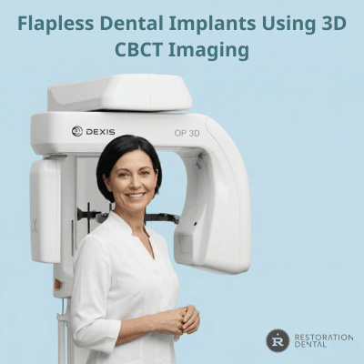 A relaxed and smiling dental patient standing next to a DEXIS OP 3D scanner at Restoration Dental, illustrating safe and comfortable flapless dental implants using 3D CBCT imaging technology in Orange County.