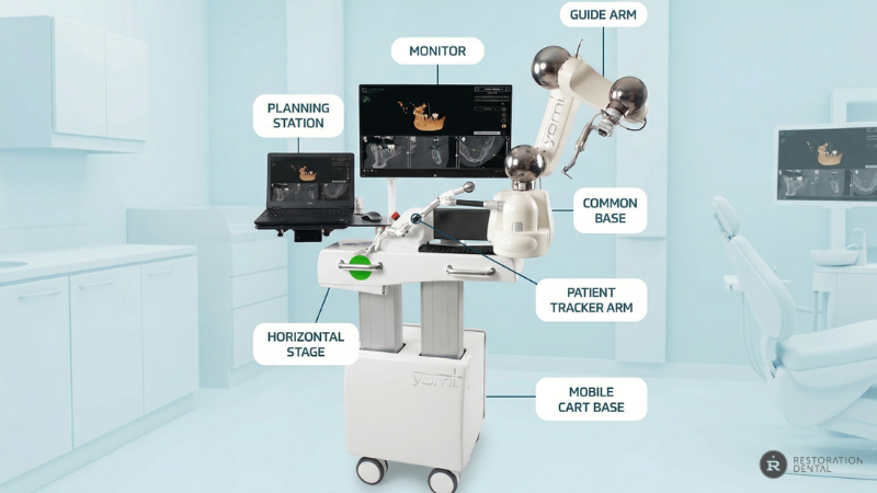 A detailed diagram of the Yomi robotic dental surgery system, highlighting key components like the guide arm, patient tracker arm, and planning station that ensure precise and predictable implant procedures for anxious patients.